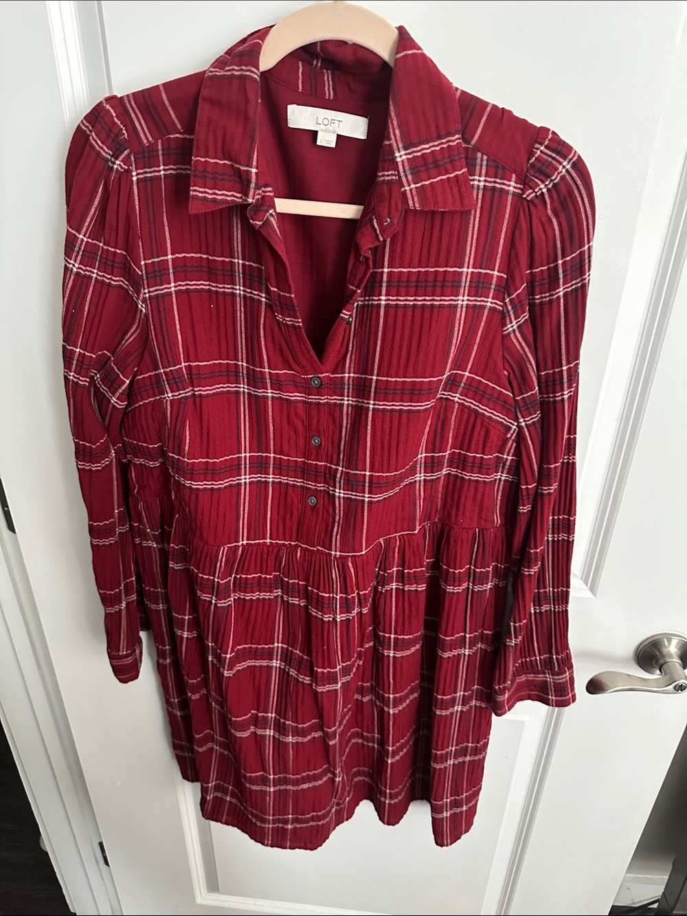 LOFT Red Plaid Long-Sleeve Tiered Shirt Dress